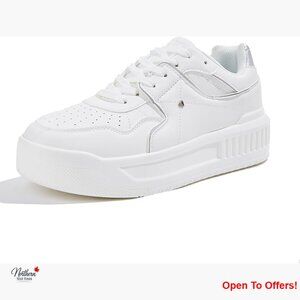 Platform Sneakers with Rhinestone Embellishments White Leather Low Top